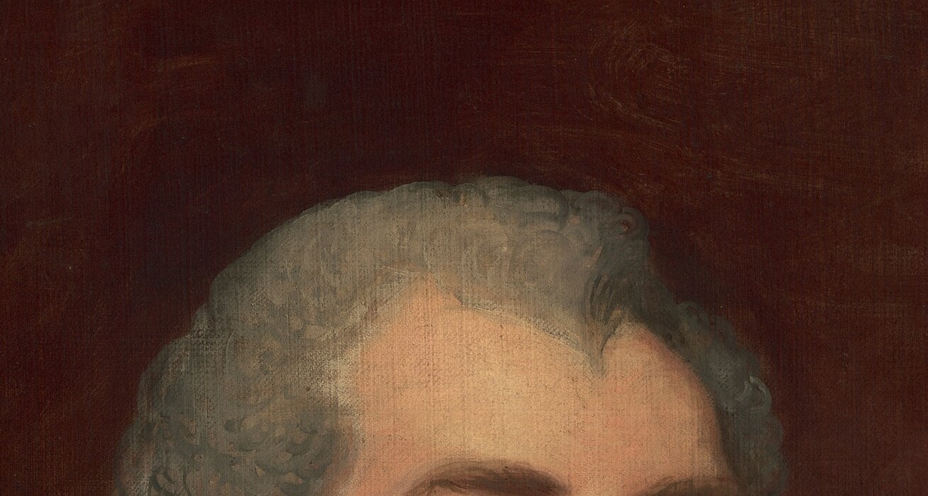 Now look at his eyes. Gilbert Stuart left a spot of white in each pupil.
