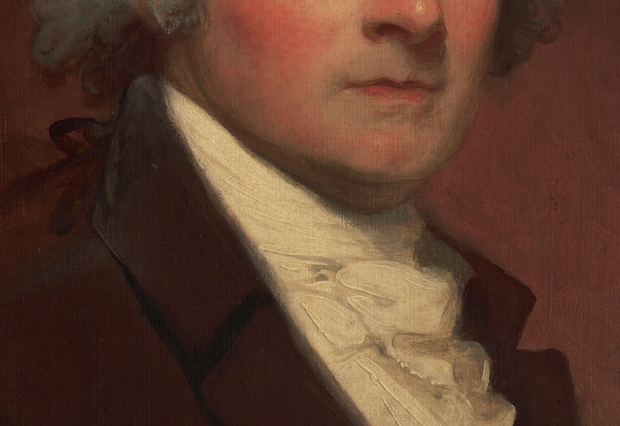 The crisp white linen against the dark coat creates the composition's brightest focal passage below the face, a deliberate Stuart device to draw the eye downward and emphasize the sitter's refinement.