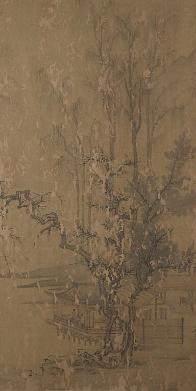 The compositional anchor of the scroll , dark, densely inked trunks and spreading branches that frame the entire scene and demonstrate the artist's controlled wet-to-dry brushwork