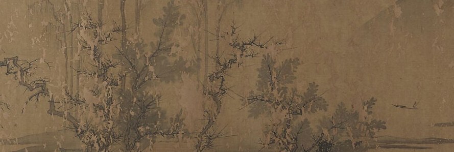 The great void at the center of the composition; the unpainted silk serves as water, a deliberate negative-space strategy that makes the surrounding masses feel weightier