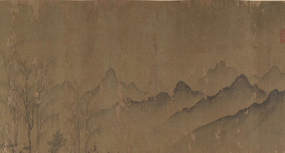 Classic atmospheric perspective: nearest peaks are darkest and most defined; successive ridges dissolve into pale silk, embodying the Chinese concept of 'empty resonance'