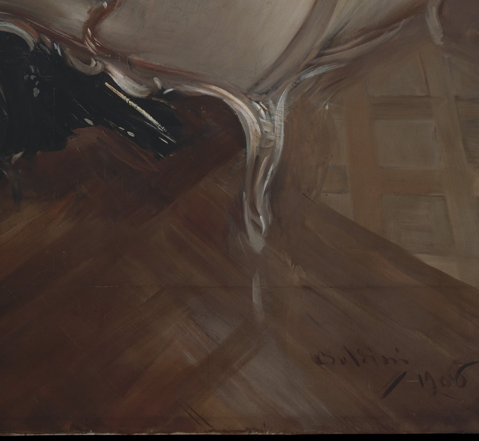 Close-up payoff: swooping strokes of near-black on black create depth and motion with almost no literal description , a masterclass in painterly suggestion over depiction