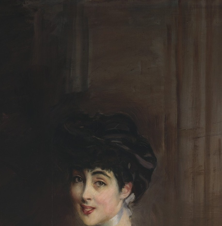 Boldini renders her celebrated dark beauty with a direct, socially armored gaze , no warmth offered, the expression of a woman performing a role she did not choose