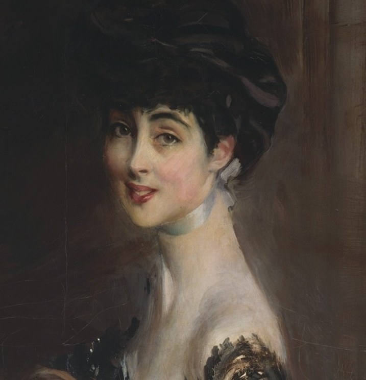 Boldini famously stretched aristocratic necks; Consuelo's was genuinely swan-like , a physical feature that made her a sensation in London society and that he amplifies here