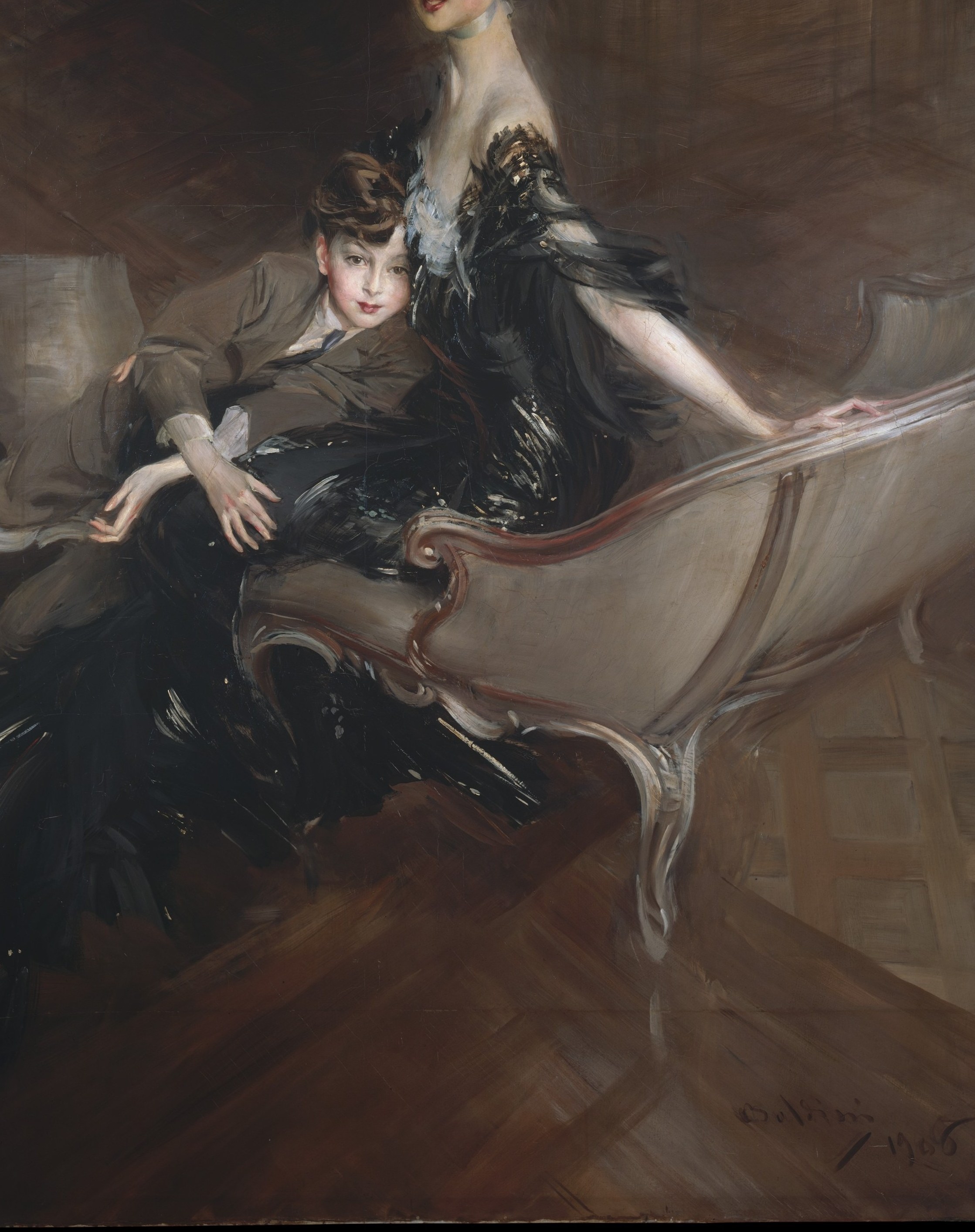 The painting's kinetic center: Boldini's bravura brushwork makes the fabric move , the dress feels more alive than the sitters, a deliberate virtuoso choice
