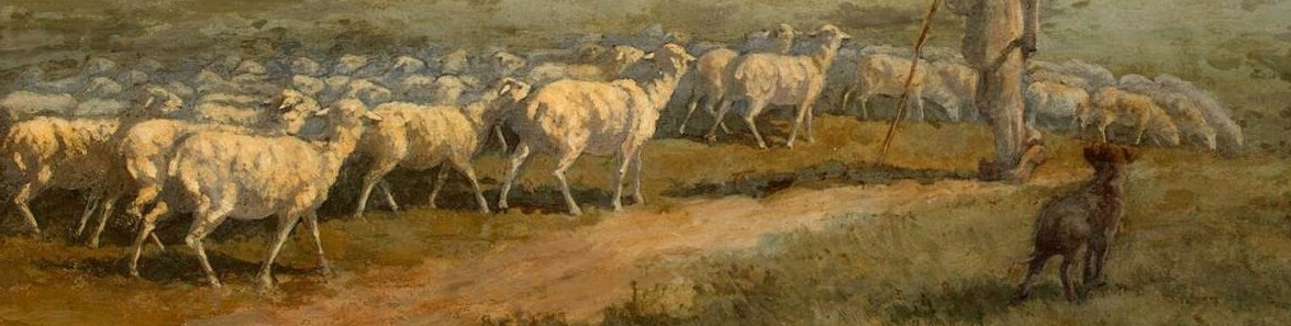 The soft, woolly forms of the sheep create a sense of gentle movement and pastoral tranquility.