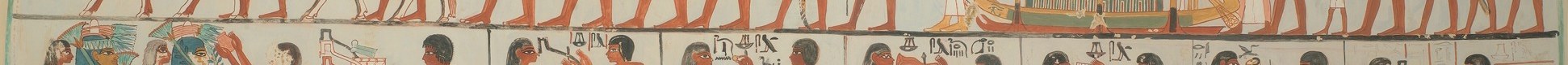 Egyptian registers read as simultaneous time-slices, not spatial depth , the band itself is a compositional convention worth noting