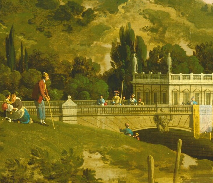 Figures stroll and relax by the water's edge, enjoying the day.
