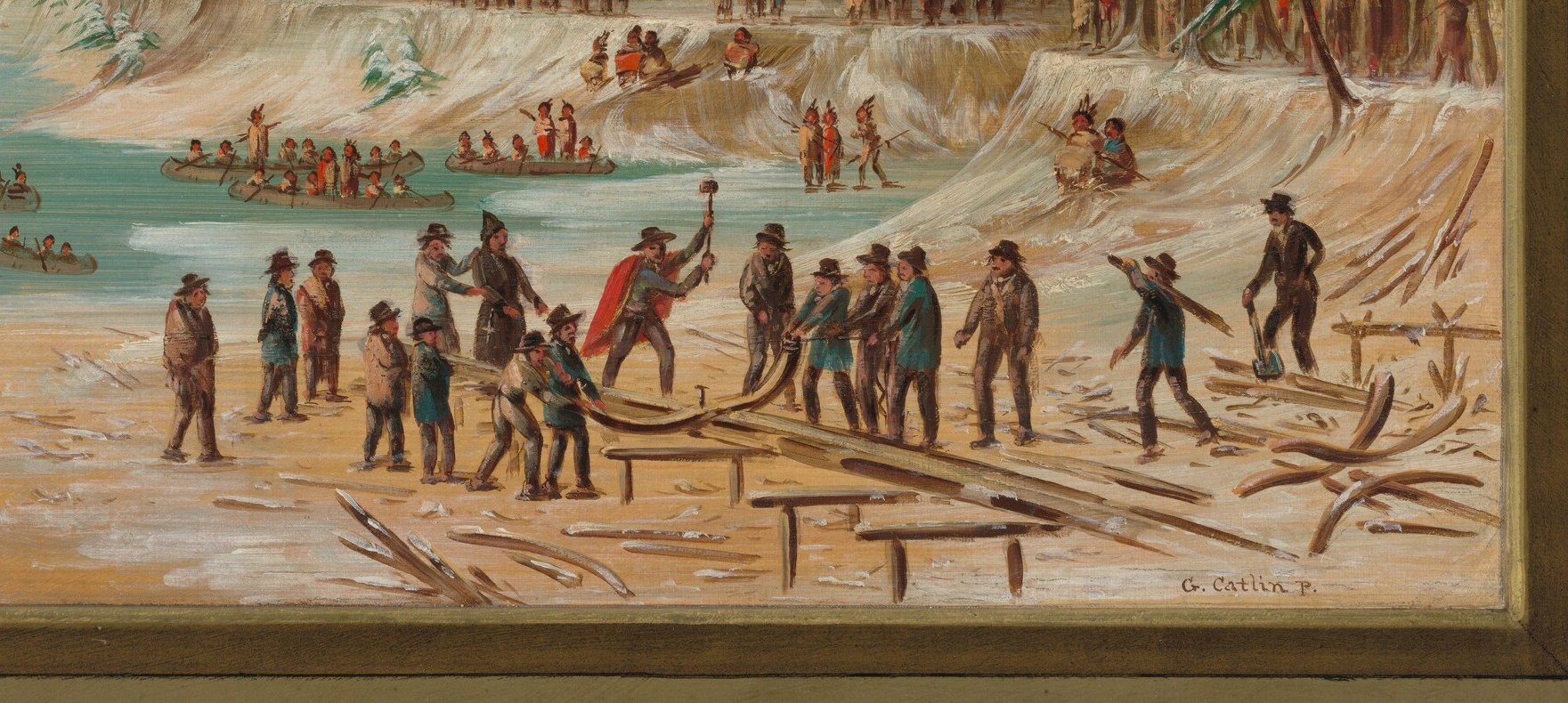 Other men are already at work, cutting logs for the vessel.