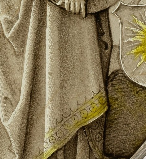Her shield bears a radiant sun, symbolizing divine protection and light.