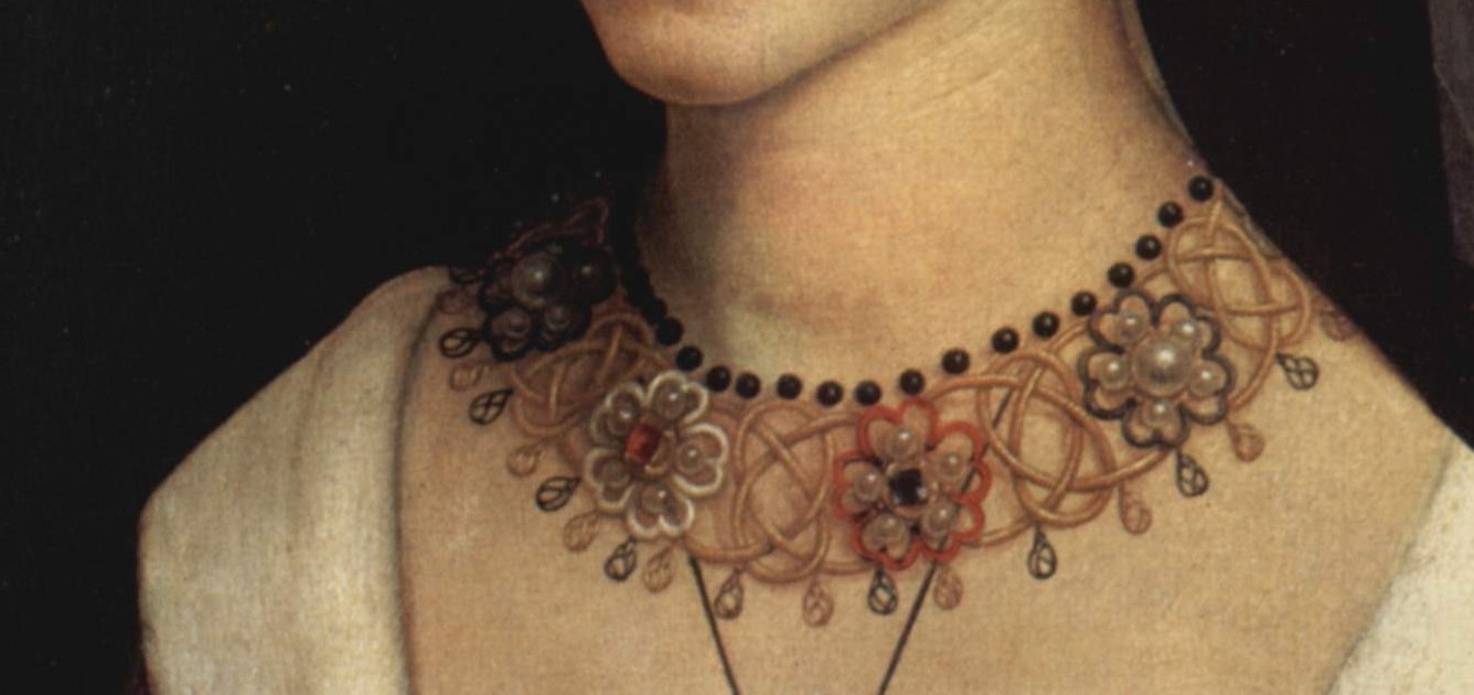 Demonstrably identical in design to the necklace she wears in Hugo van der Goes' Portinari Altarpiece (c.1475) , a real jewel that creates a material link between two separate masterworks five years apart.
