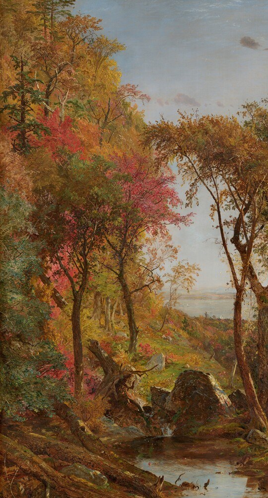 The saturated chemical-orange foliage was the element that reportedly astonished London viewers and Queen Victoria , Cropsey used newly available industrial pigments to produce a color that felt impossible for 1860, making this tree the painting's chromatic argument.