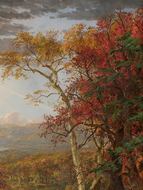 Chromatic bookend to the left tree , saturating both frame edges with the new chemical pigments that made the London debut sensational; the painting is literally framed by industrial modernity painting pre-industrial nature.