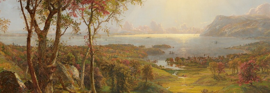 The meadow holds summer green while the heights burn autumnal , Cropsey stages seasonal death at the margins and fertility at the center, a theological argument about American abundance disguised as observation.
