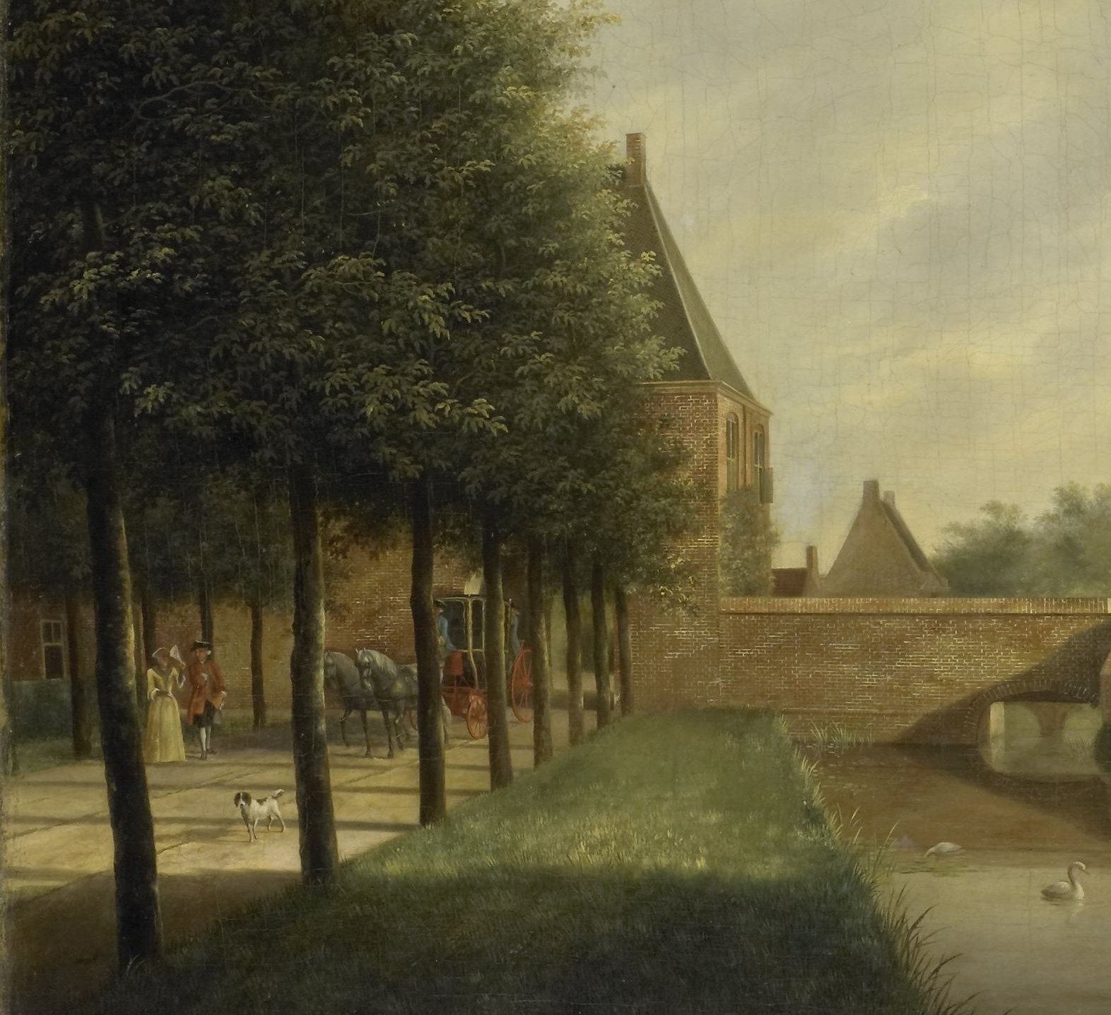Figures stroll along the tree-lined promenade.