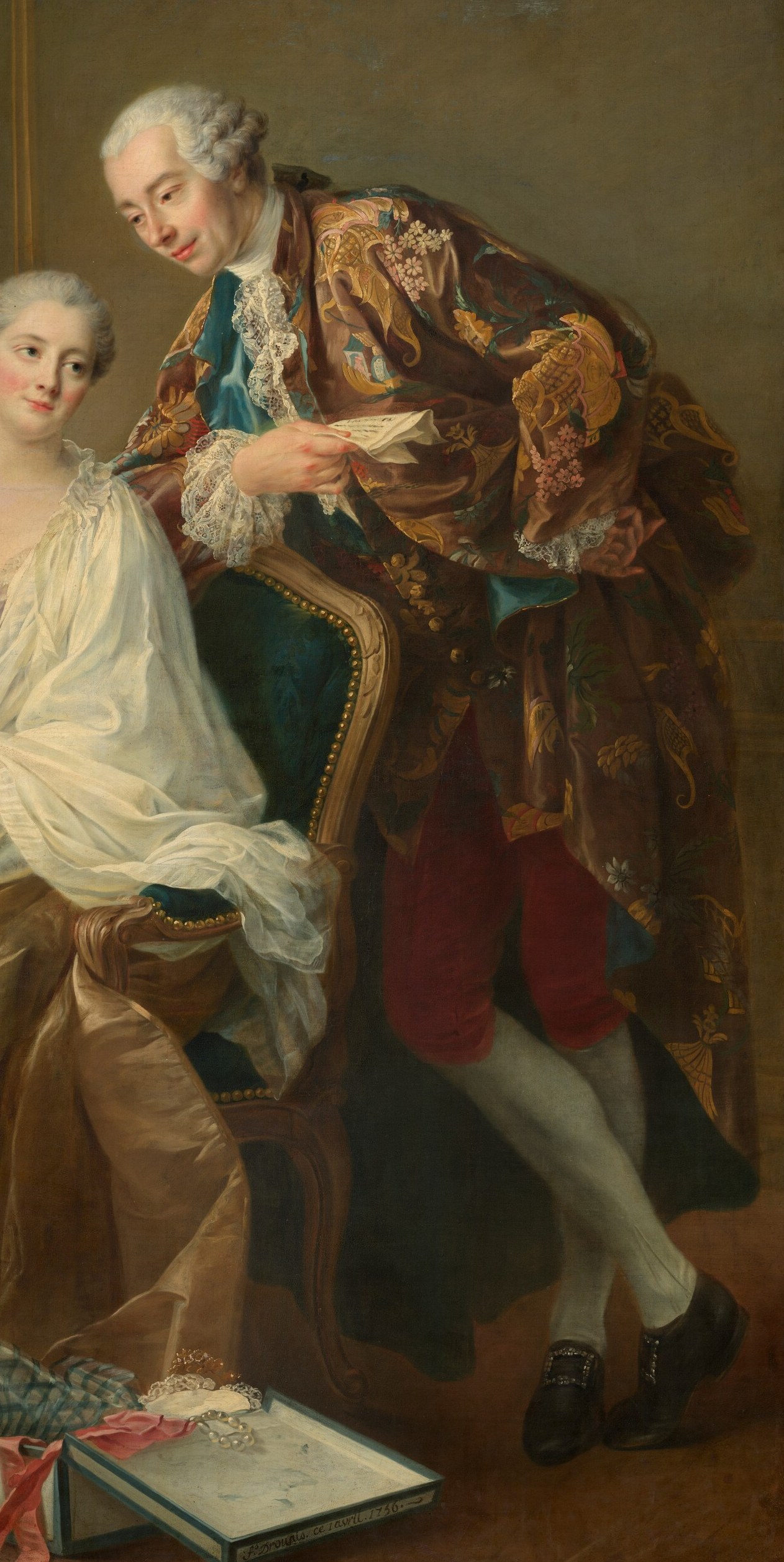 His elaborate coat suggests wealth and status, and his gaze towards the document implies a matter of importance or business.