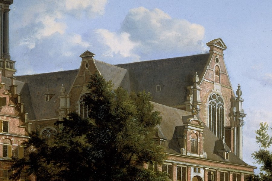 The intricate stonework and windows reveal the building's grandeur and the artist's attention to architectural detail.