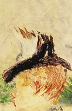 Her hat, with its delicate feathers, shows the fashion of the time.