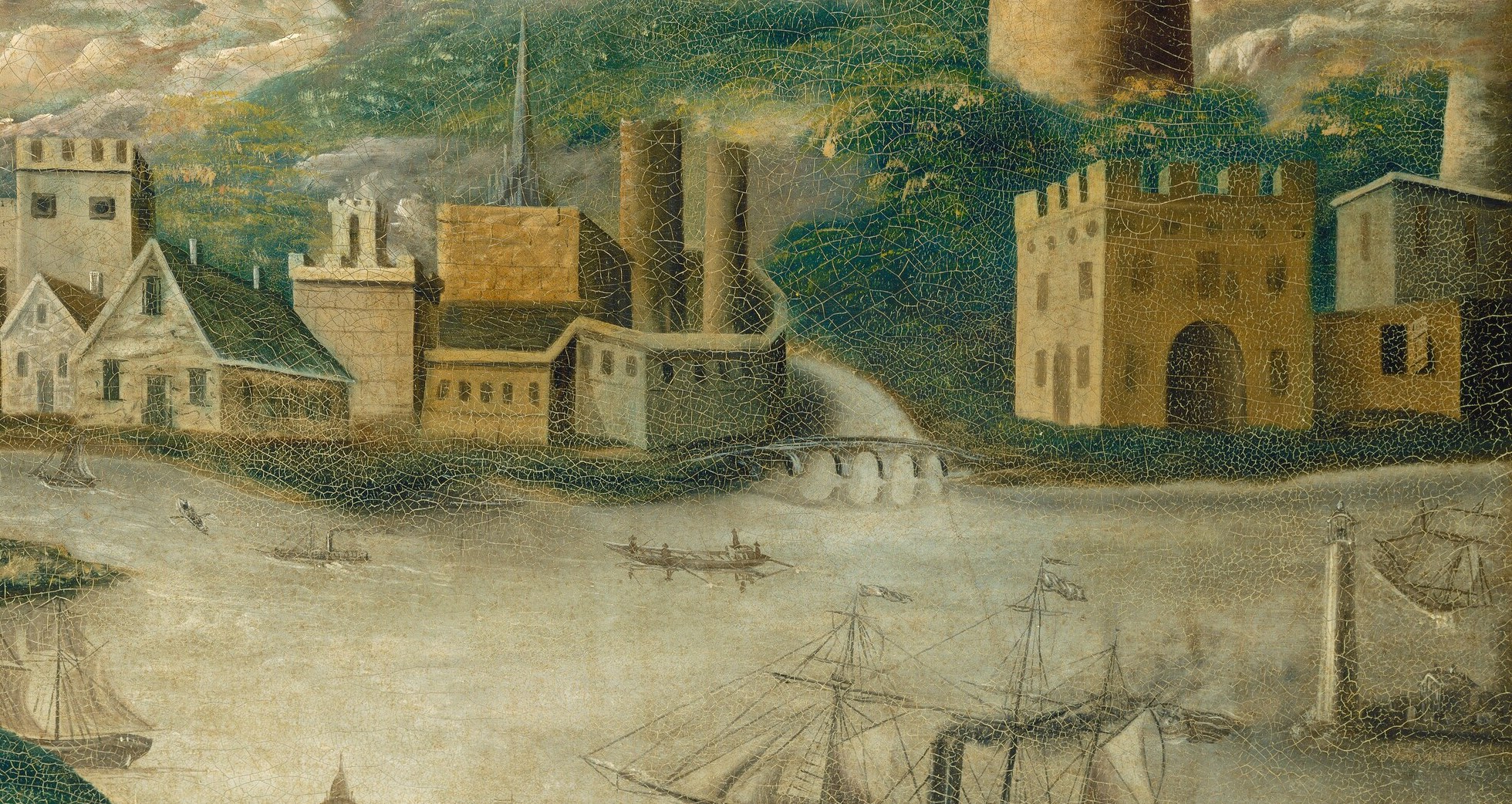 A dark canal reflects the skewed architecture.
