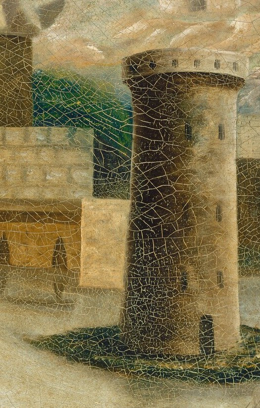 This round tower anchors the fantastical scene.