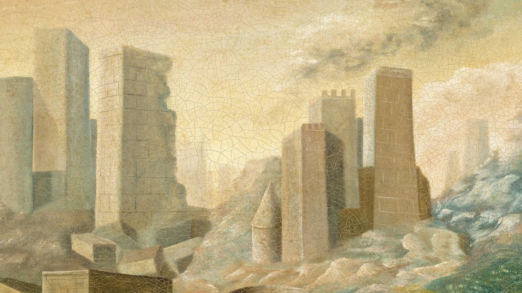 The houses lean at impossible, dreamlike angles.