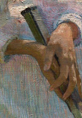 Her hands rest on a tennis racket.