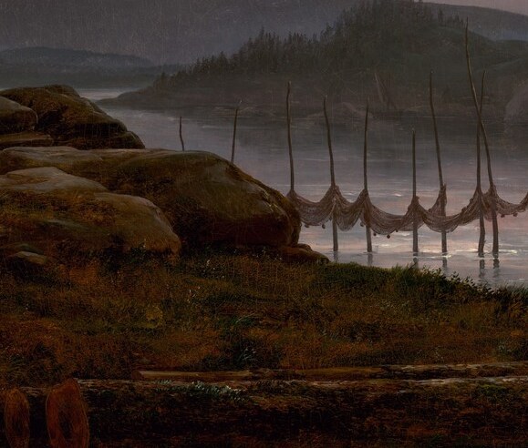 Classic Romantic Rückenfigur , figures seen from behind contemplating the sublime; their small scale against the vast fjord dramatizes human insignificance before nature, a motif Dahl absorbed from his housemate Caspar David Friedrich