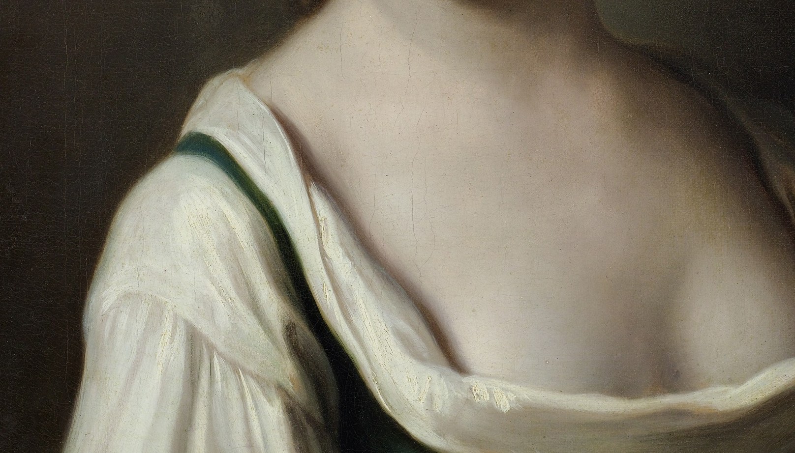 The deep neckline is the painting's social provocation , the white chemise pulled aside shows Rotari catering to aristocratic taste for allure within propriety.