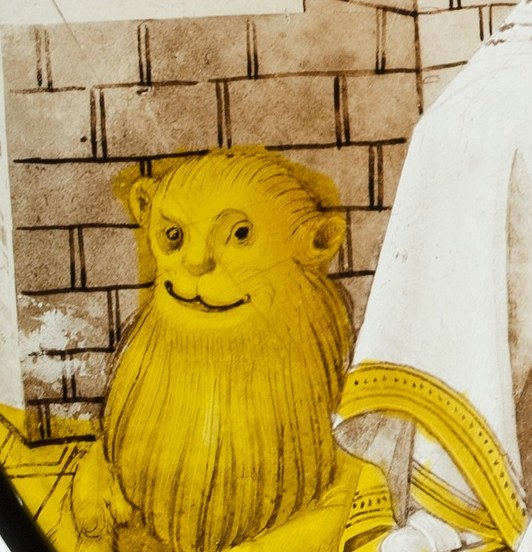His traditional symbol, a lion, links him to the voice in the wilderness.