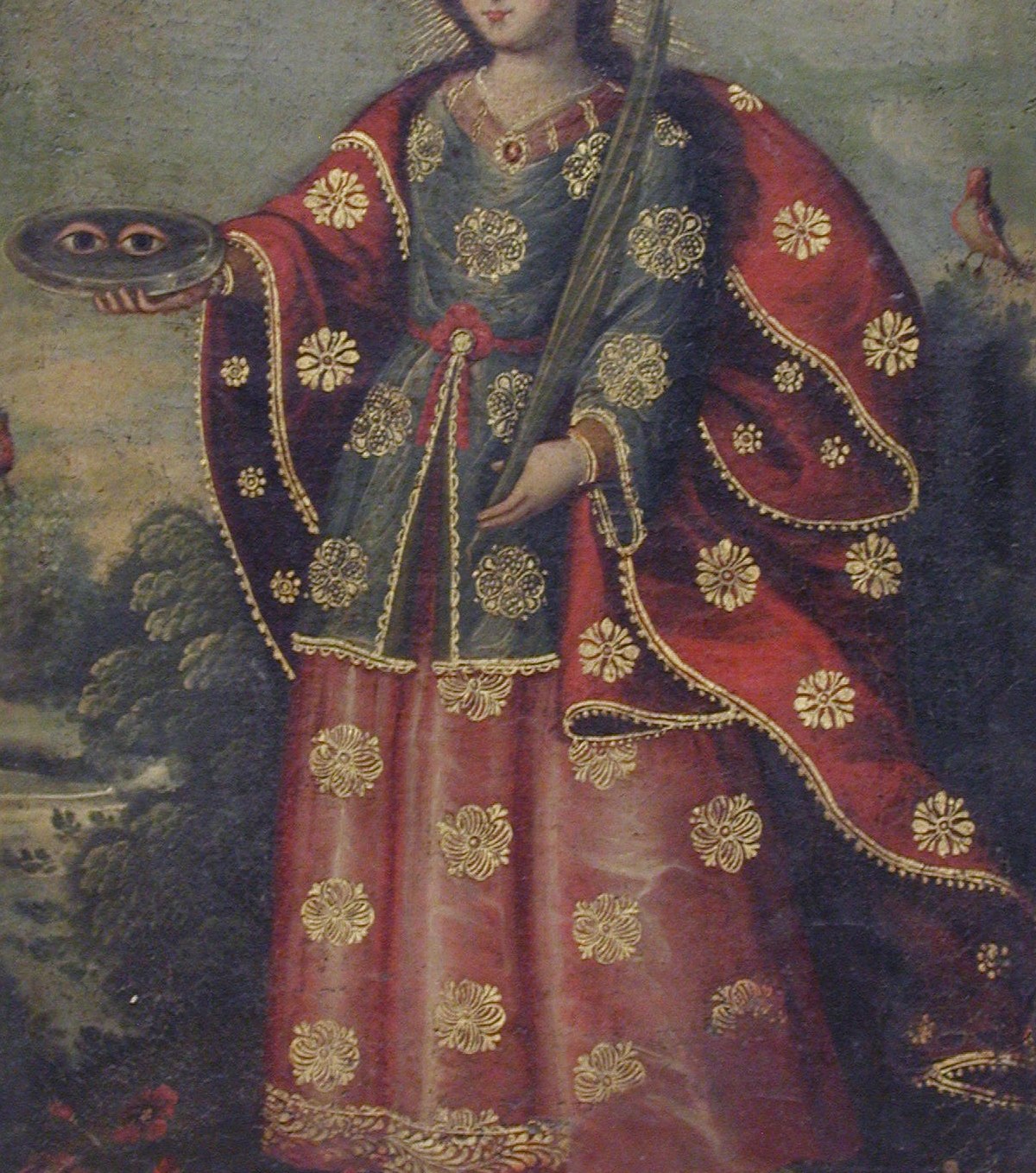 The densely patterned red cloak with floral gold rosettes reflects 18th-century Andean Cuzco school conventions , this textile-like ornamentation is a hallmark of colonial devotional art.