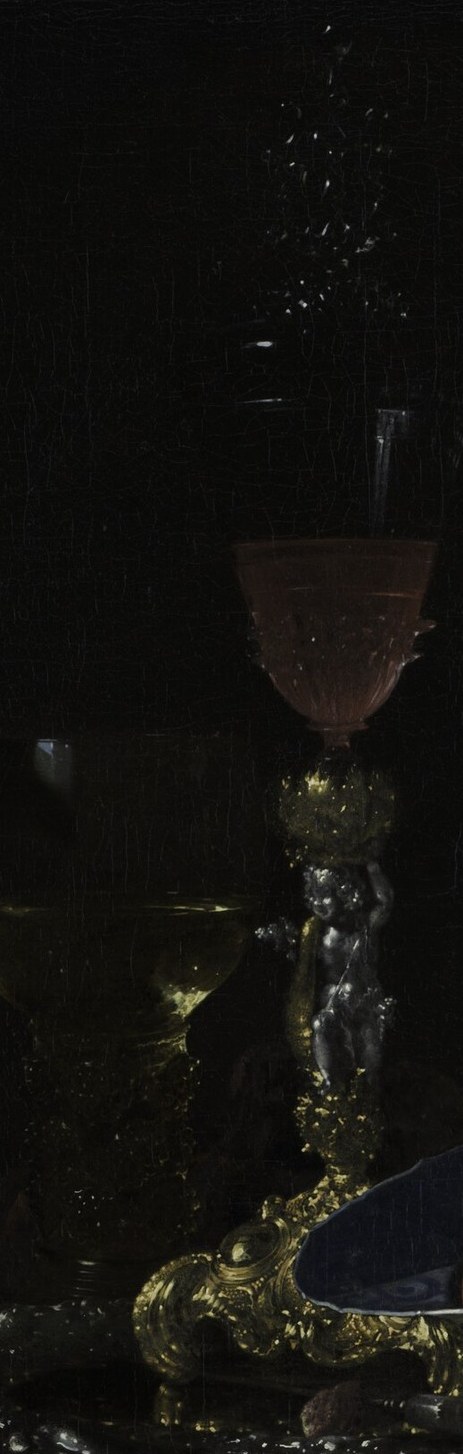 The compositional spine of the painting; the transparent glass body reveals the wine's depth and catches a bright highlight that anchors the viewer's eye across the full vertical span.