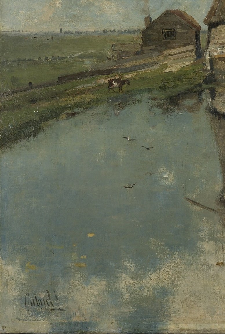 The left half of the canal mirrors the sky; together with the windmill reflection the entire composition is doubled, making the water as visually rich as the land above