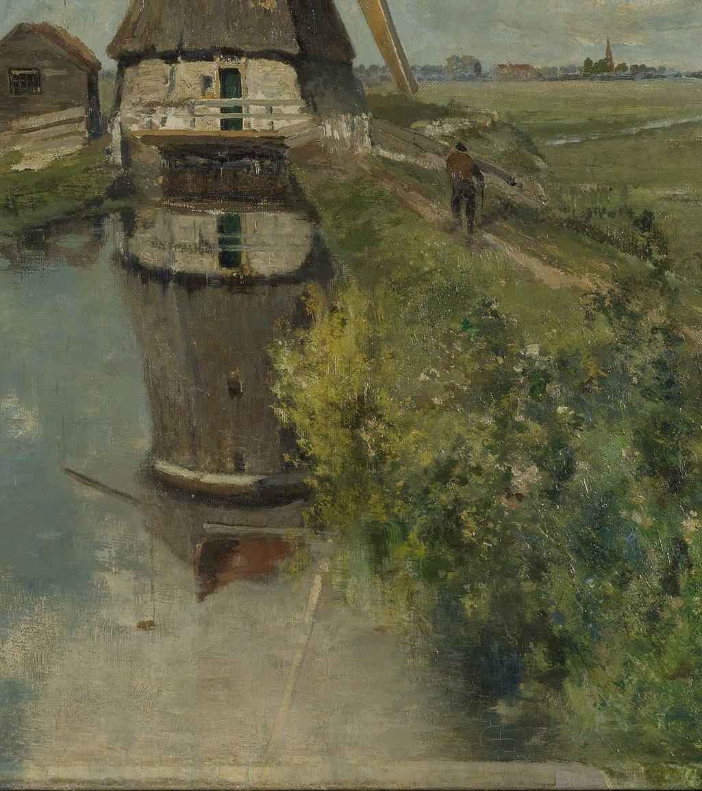 The mirror-perfect doubling of the mill in the waterway is the painter's central technical conceit , a second painting within the painting, slightly darkened and rippled at the edges