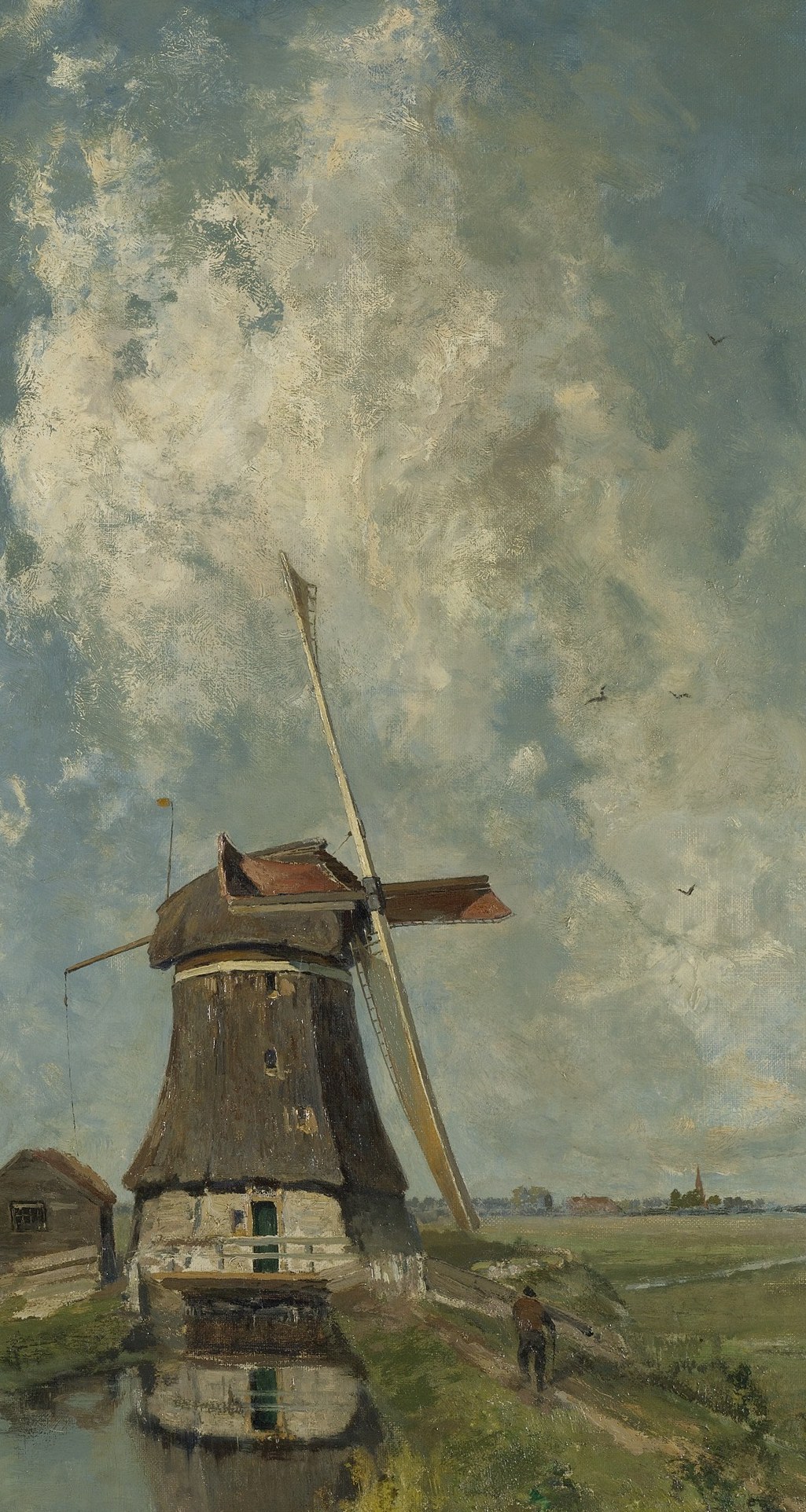 The compositional anchor; its mass and height dominate the canvas and draw the eye upward into a turbulent sky, the sails nearly spanning the full picture width