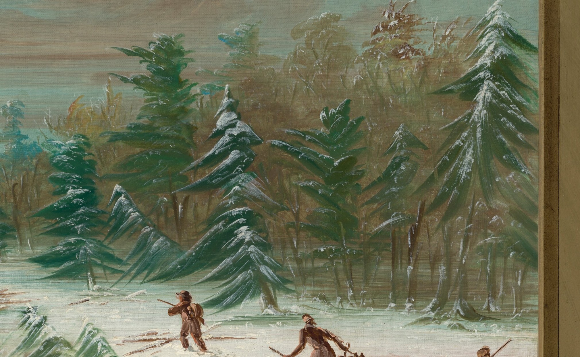 The heavy snow on the trees shows winter's weight.
