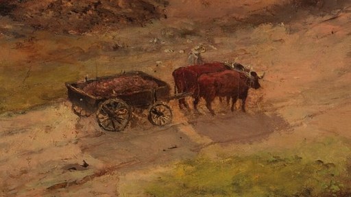 Suggests human activity and labor within the landscape.