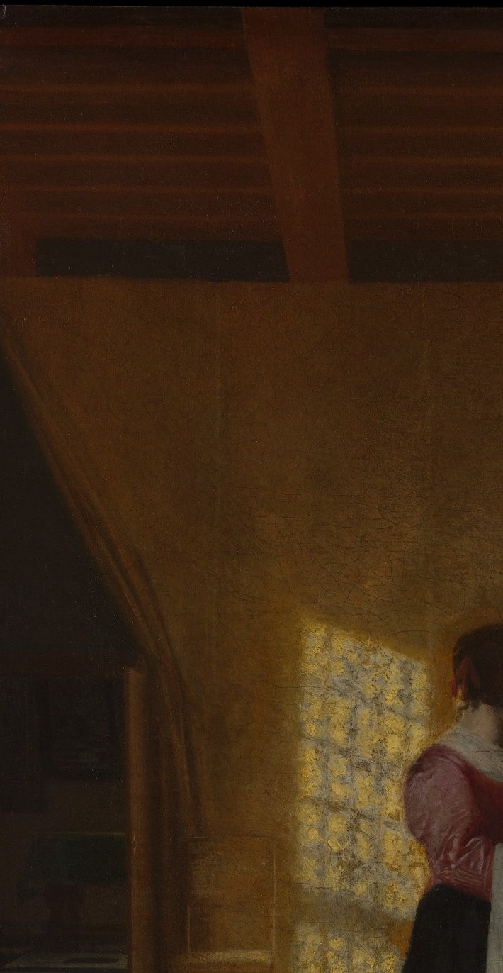 De Hooch's signature compositional engine: cool north light filtered through diamond panes creates soft graduated brightness , the scene's entire mood flows from this source.