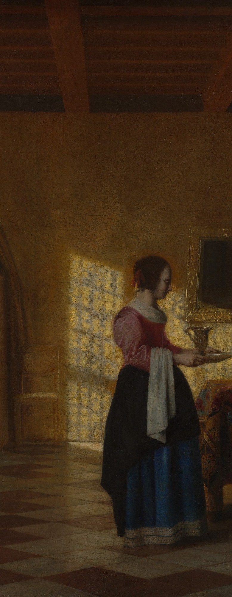 Central figure whose posture and task quietly embody a dignity-of-labor theme; the blue skirt and white apron are rendered with subtle tonal gradation that rewards close inspection.