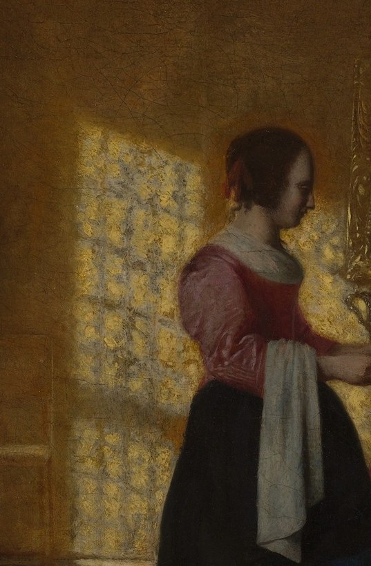 A virtuosic technique passage: the linen glows without bleaching out, demonstrating De Hooch's mastery of value range within a near-white passage , one of his most imitated effects.