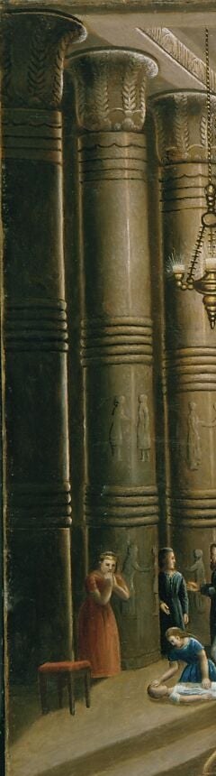 Field's folk-art rendering of monumental columns , slightly stiff but powerfully imposing , signals Egypt's imperial power now struck by divine judgment.