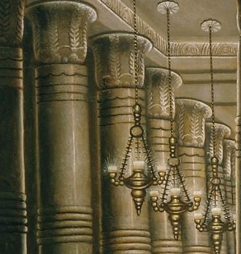 Now look left, the hanging lamps repeat, shrinking, each one an anchor for the illusion.