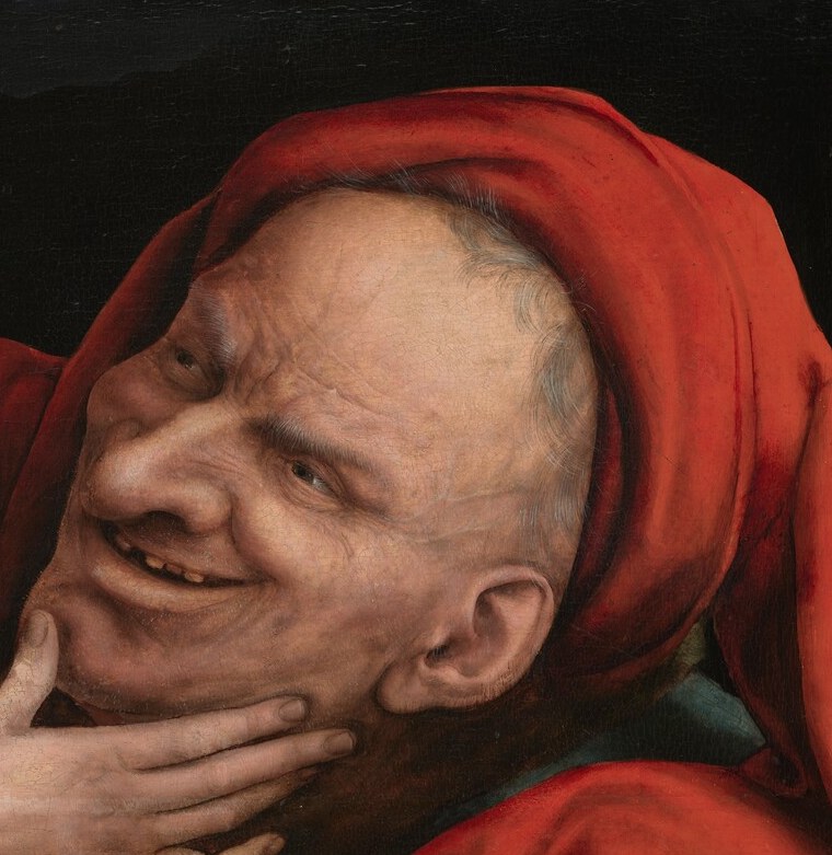 Directly derived from a Leonardo da Vinci caricature drawing; his exaggerated, besotted grin is the moral center of the painting , foolishness made flesh