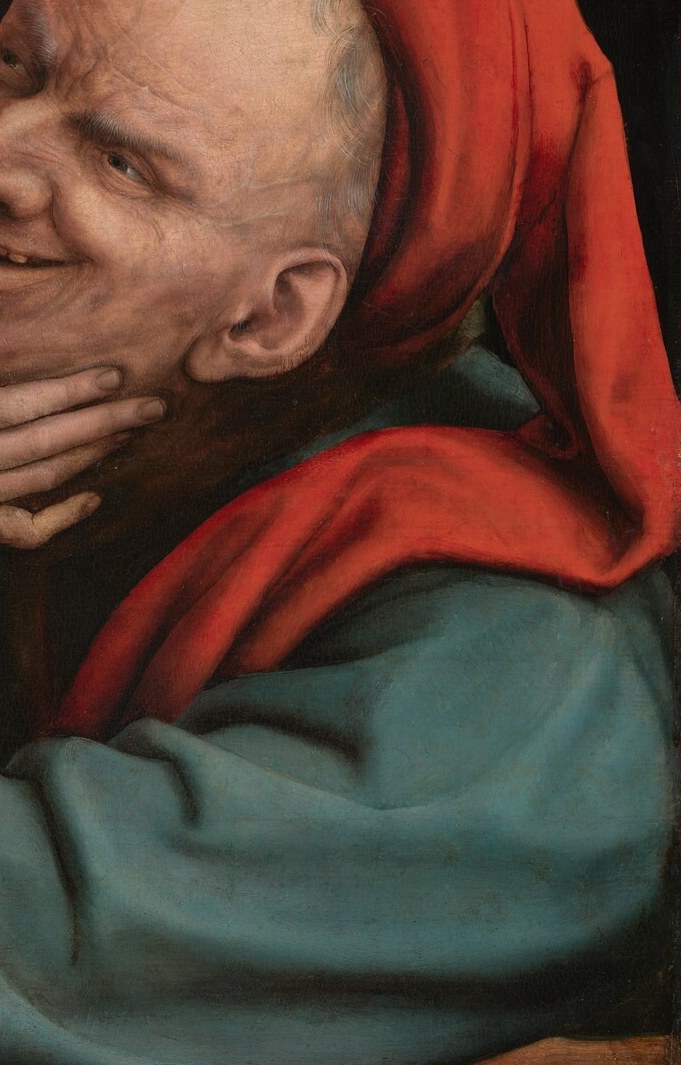 The vivid red fabric commands the right side of the composition; its sumptuous folds suggest the man has wealth , the very wealth being taken from him