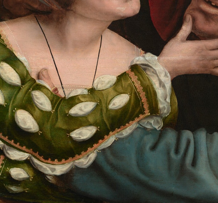 The costly, fashionable dress signals she has done this before; the lush textile rendering is a showcase of Matsys's Northern European oil technique
