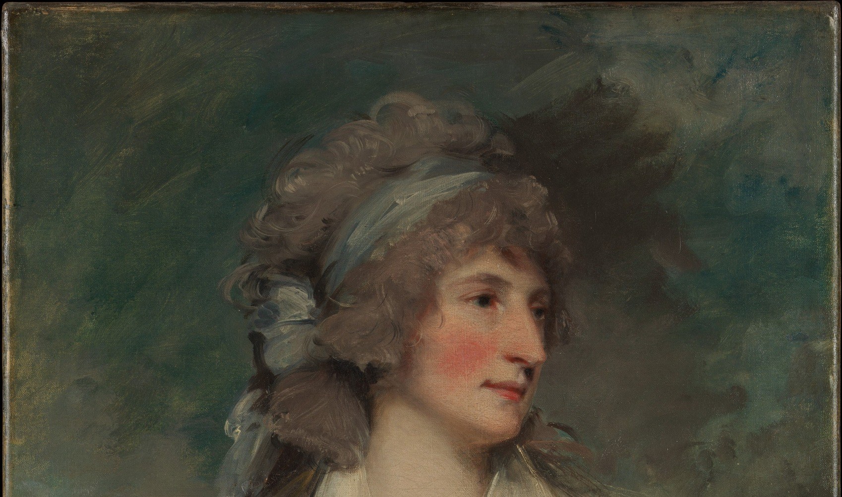 The shadowy background pushes the sitter forward, emphasizing her presence and features.