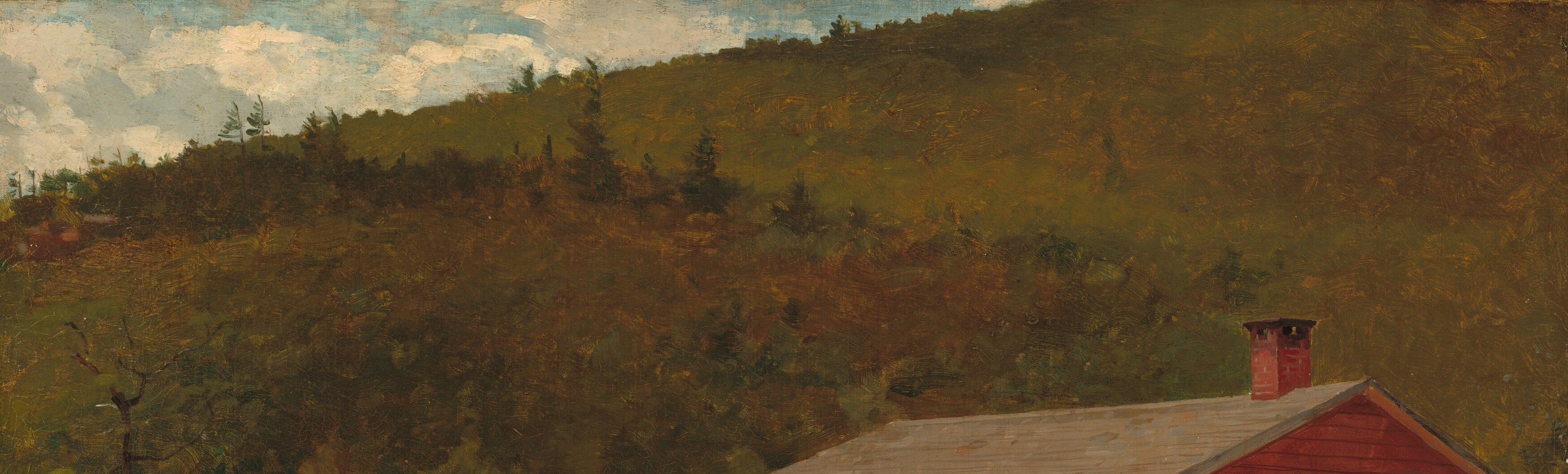 The enclosing green hill compresses the scene and keeps the eye on human activity below; its lushness suggests late summer or early fall, quietly contradicting the 'winter' dossier description