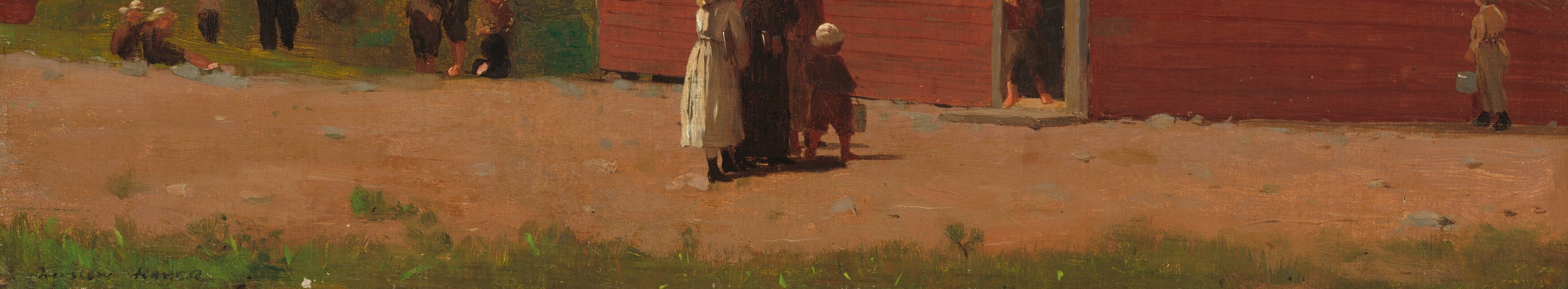 The hard-packed empty ground is the children's outdoor world , its blankness and warm brown tone balance the green hillside and speak to years of daily foot traffic; Homer leaves it almost abstract