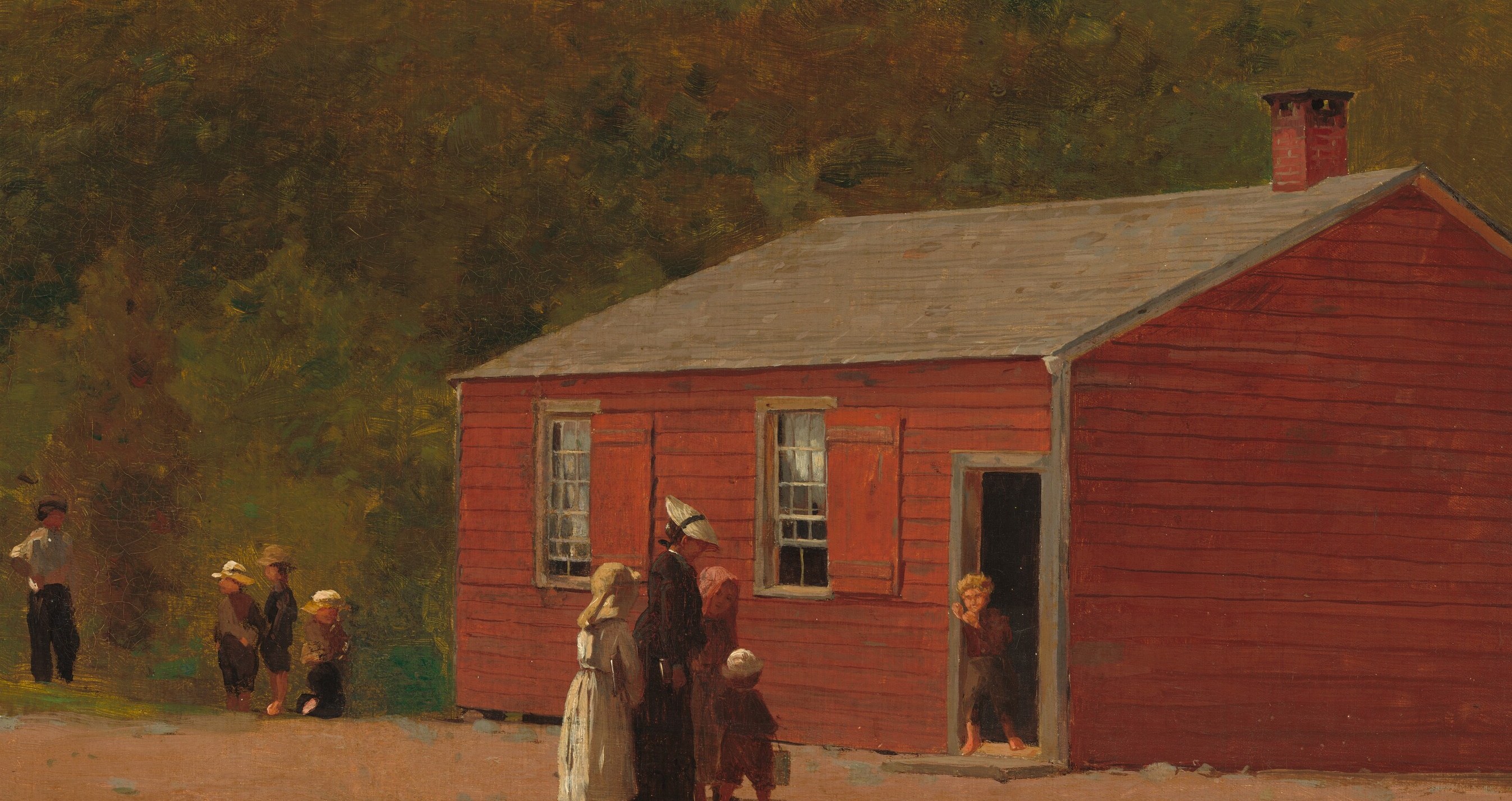 Homer's flat, saturated red-orange anchors the whole composition; the building's unadorned vernacular architecture is itself a document of 1874 rural American life