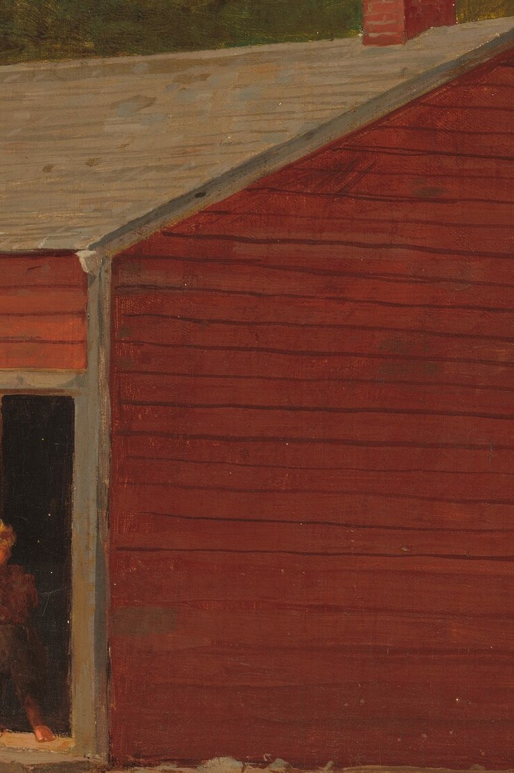 The door is the threshold between outdoor freedom and indoor education; figures clustered near it represent the pivotal transitional moment the painting's title names