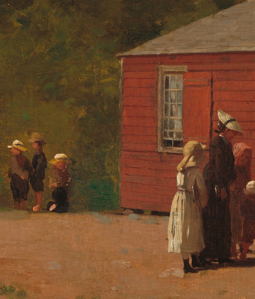 A woman and a child stand close, about to enter the school.